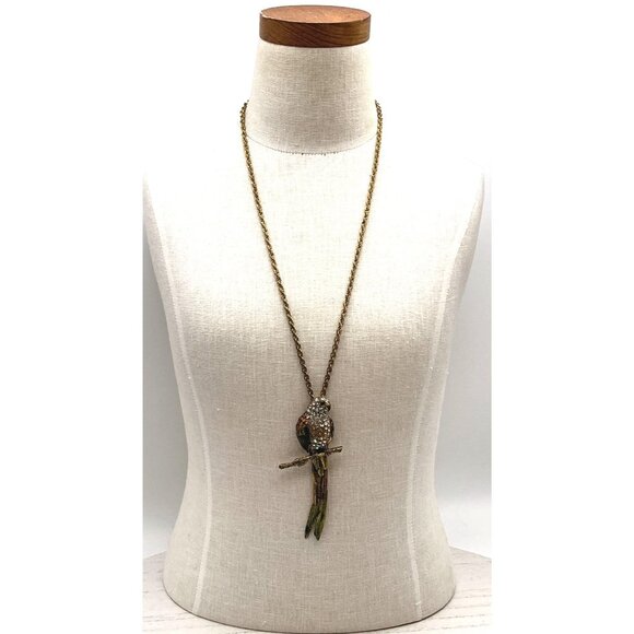 Vintage Rhinestone and Enamel Parrot Pendant Necklace Gold-Tone Metal 24" Chain - Picture 3 of 6
